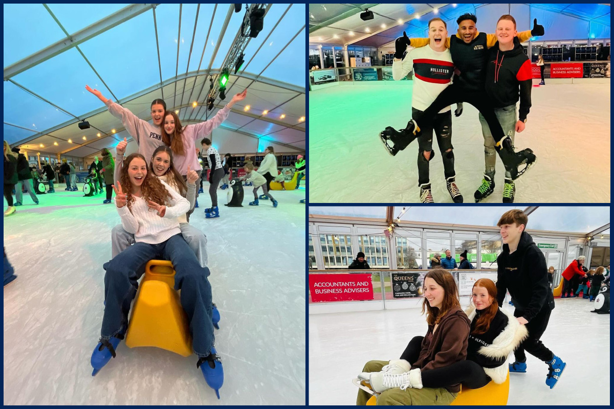 A collage of friends ice skating.